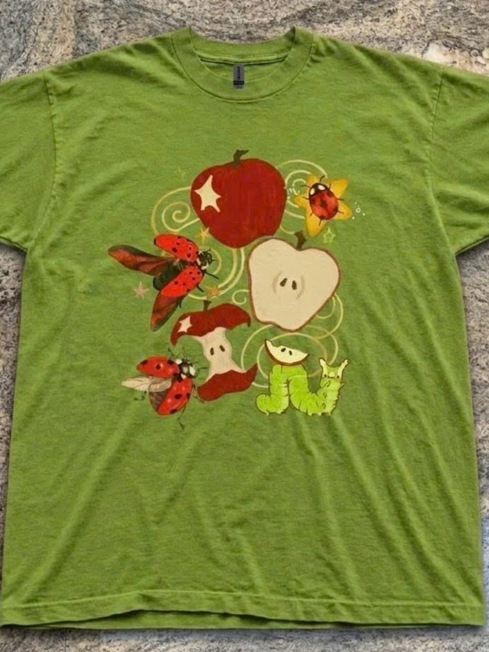 Gildan Green Tee with Red Apples, Ladybugs and Lime Caterpillar